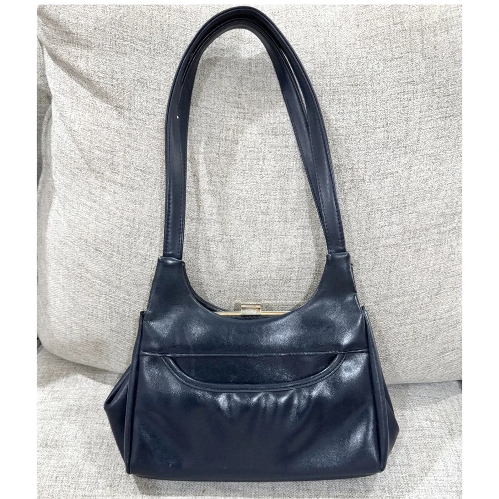 Vintage Navy Blue Faux Leather Shoulder Bag Gold Tone Minimalist